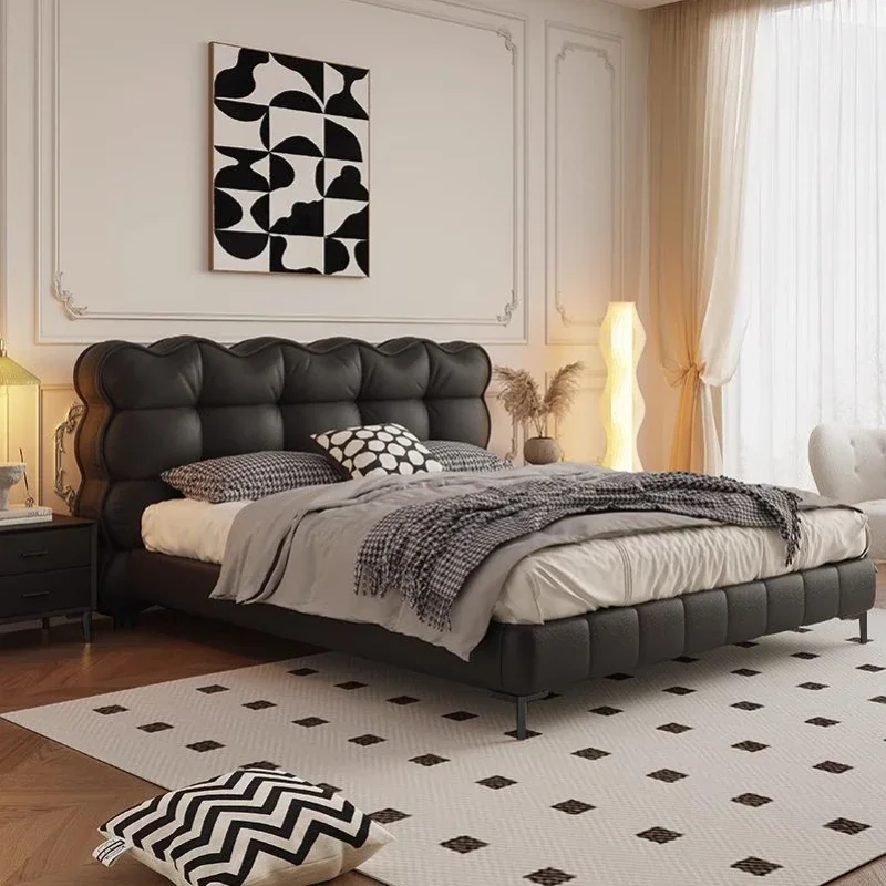 French retro leather beds modern simple first-layer cowhide beds black puff bed 1.8 meters double master bed