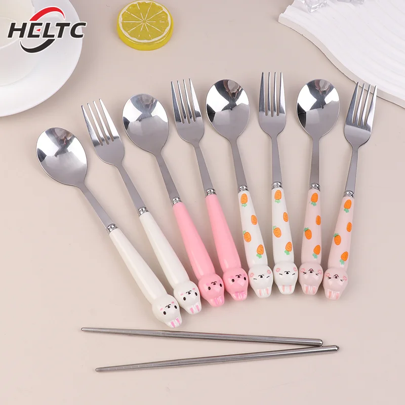 مجموعة أدوات المائدة الكرتون الأرنب الفولاذ المقاوم للصدأ ملعقة شوكة عود الطالب المحمولة أواني الطعام مجموعات أدوات المائدة السفر مع صندوق