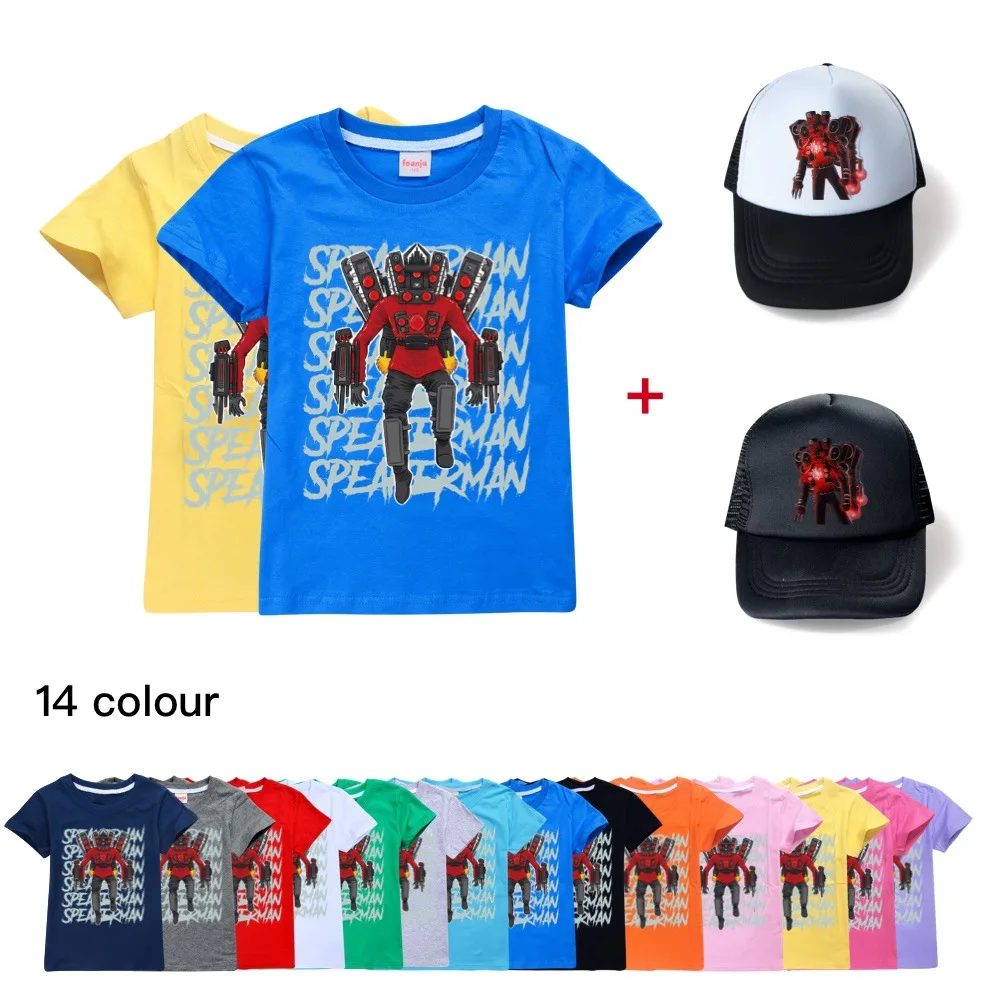 

Game Skibidi Toilet Tshirt Kids Short-sleeved Cartoon Speakerman T-shirt Baby Boys Summer Streetwear Girls Casual Tops +Cap