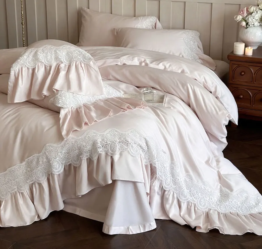 Romantic sweet luxury lace pink green bedding set,full queen king fairyfair ruffle home textile bed sheet pillowcase quilt cover