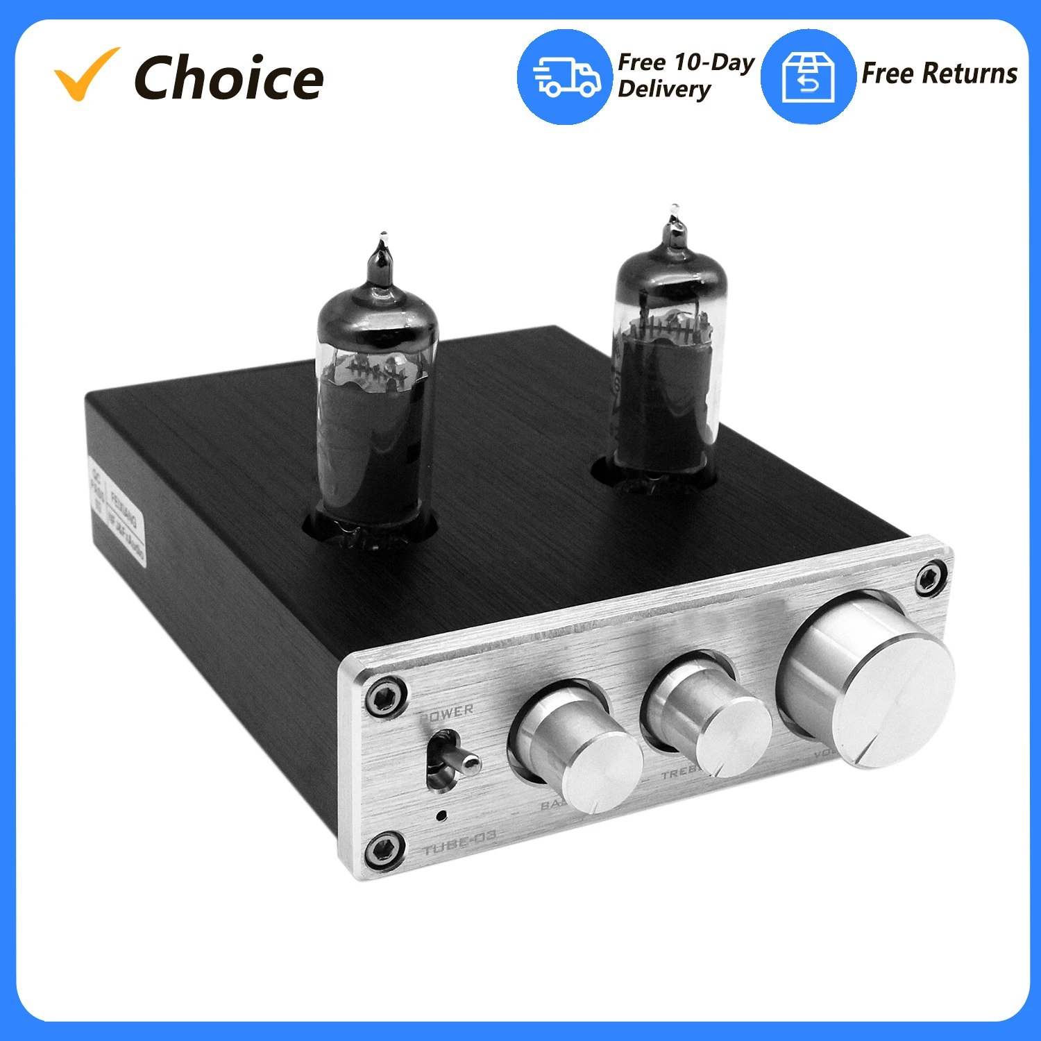 TUBE-03 Mini HiFi Audio Preamplifier 6K4 Vacuum Tube Amplifier Buffer Treble Bass Adjustment RCA Preamp Black EU Plug