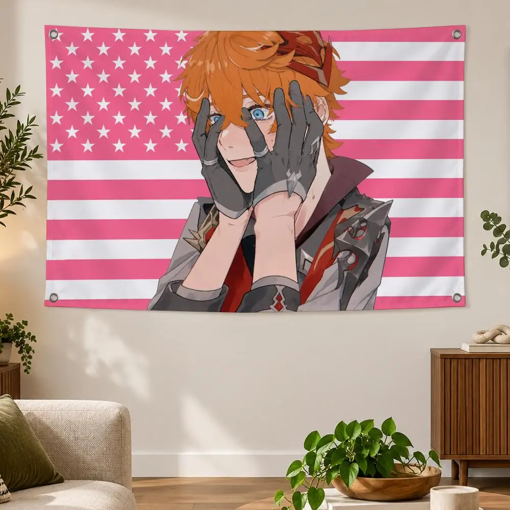Game Genshin Impact Adventure T-Tartaglia American Flags Banner Decor for Bedroom,Garden,Party,Club,Gaming Room,Indoor Outdoor