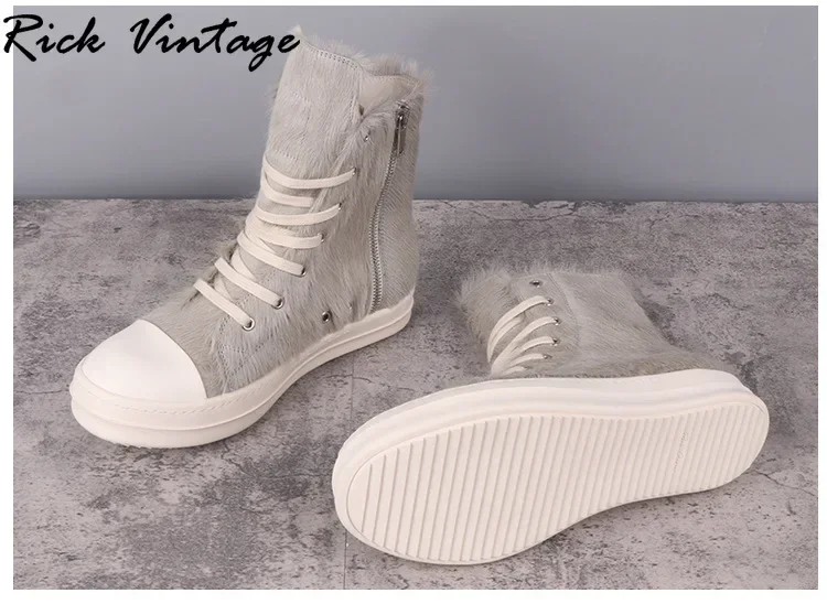 Rick Vintage Knight  Women Ankle Boots Horse Hair Upper High Quality Handmade Men Boots Modern Fashion Female High Top Shoes