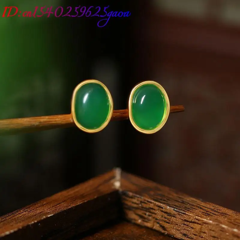 الأخضر الطبيعي اليشم أقراط الأذن مربط سحر تميمة هدايا للنساء مصمم خمر الفاخرة 18K مطلية بالذهب الإكسسوارات