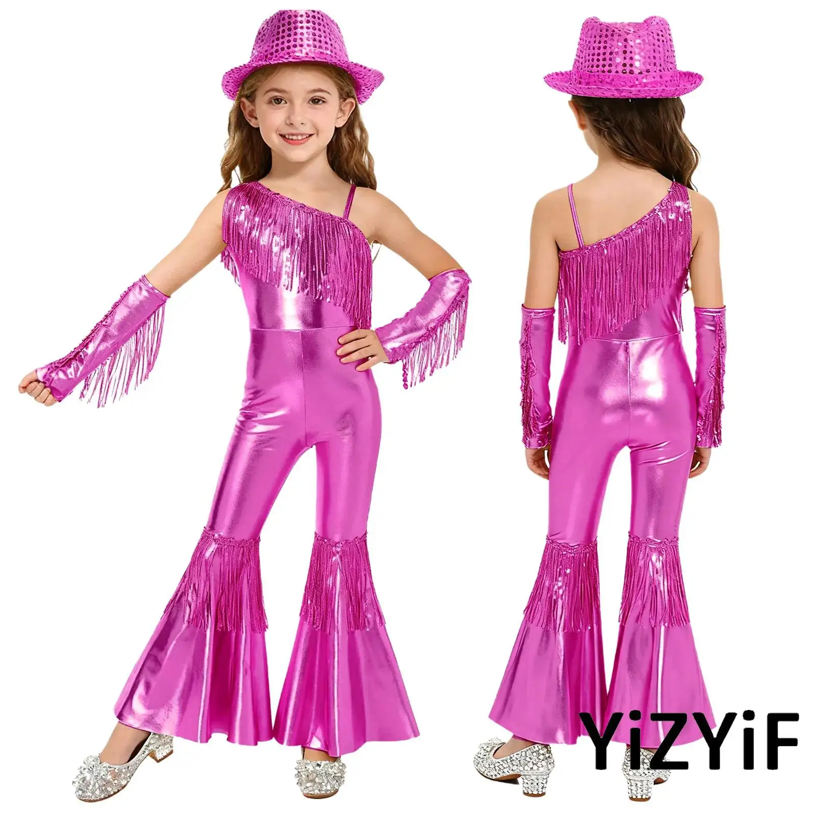 

Girl Jazz Street Dance Wear Sleeveless One Shoulder Sequins Tassels Flared Jumpsuit+Gloves+Fedora Hat for Hip Hop Ballroom Dance