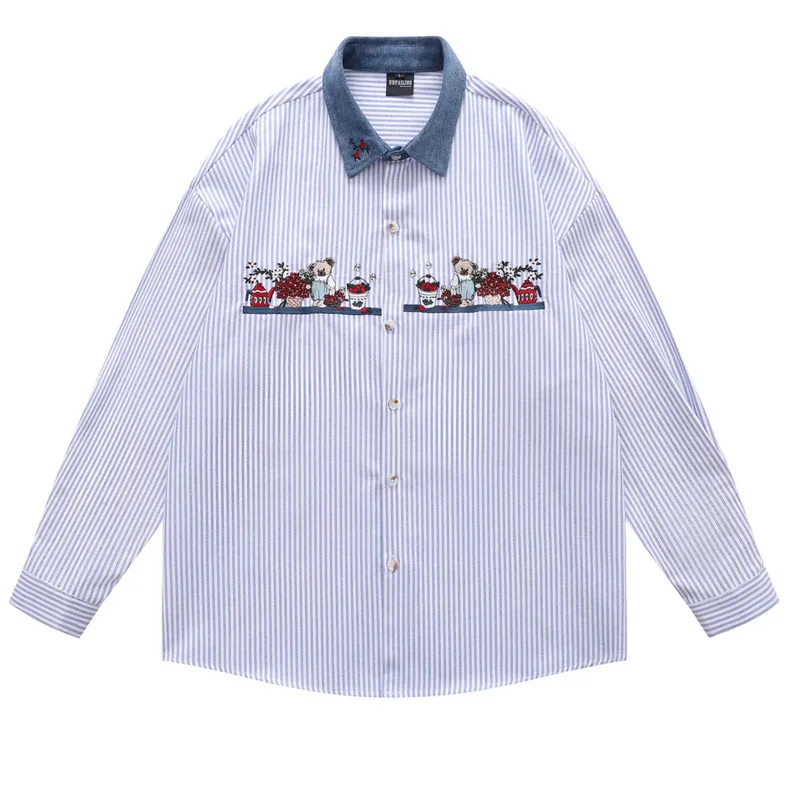 

Men's autumn loose casual simple versatile shirt American retro cartoon embroidery contrasting striped long sleeved shirt