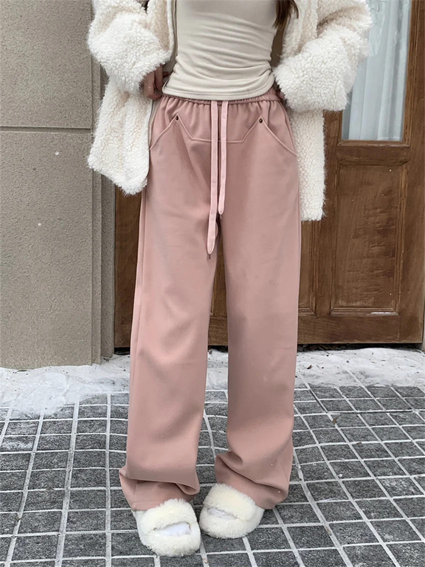 

PLAMTEE 2024 Minimalist Pants Women Casual High Waist Slim New Thicken Fashion Loose Chic Casual Wide Leg Straight