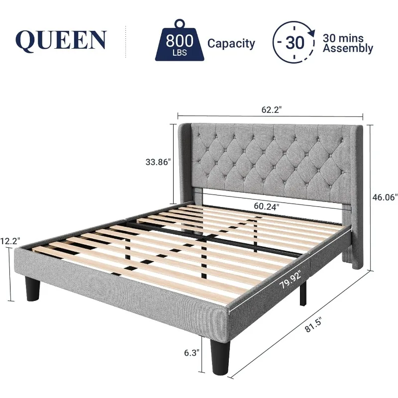 Allewie Queen Size Bed Frame with Button Tufted Wingback Headboard, Modern Upholstered Bed Frame with Solid Wooden Slats Support