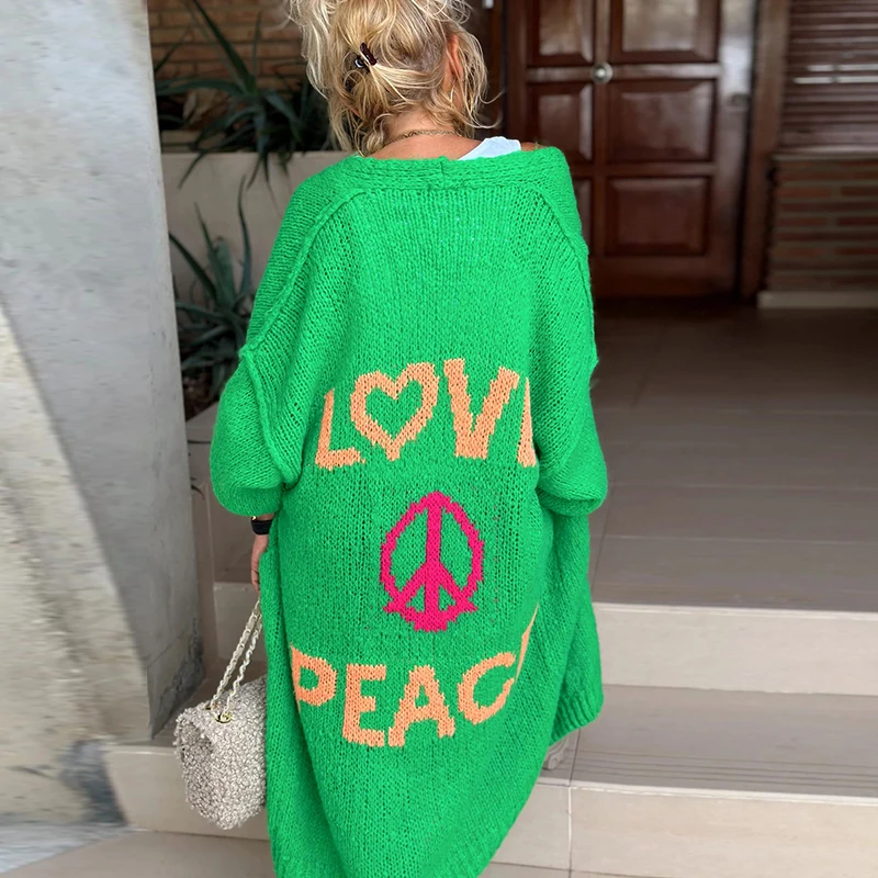 Cute LOVE & PEACE Letter Print Long Sweater Cardigan Women Autumn