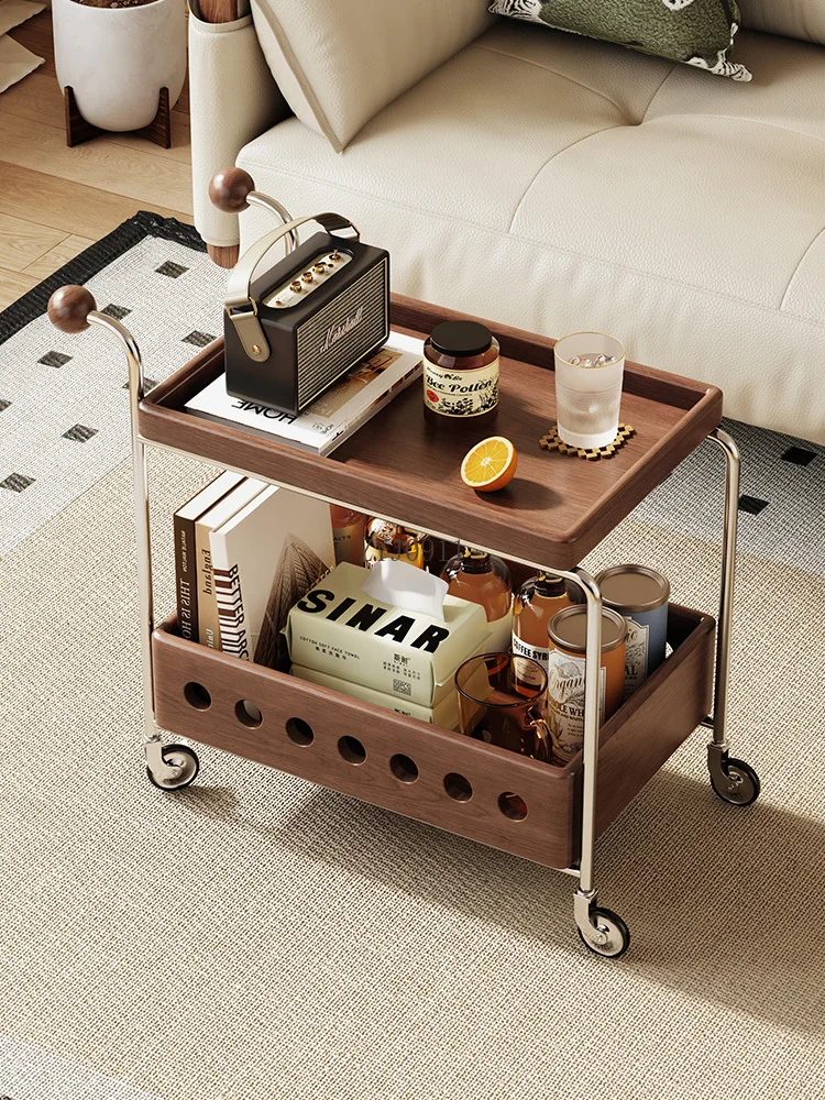 Zwarte walnootkar, opbergrek in de woonkamer, verplaatsbare massief houten salontafel bijzettafel