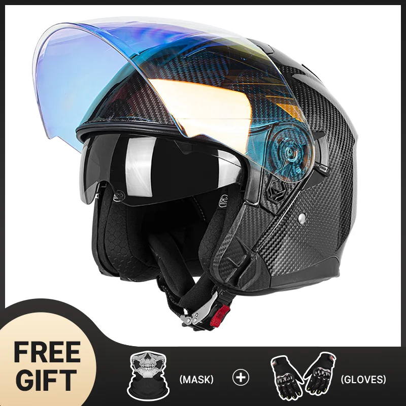 

Pure Glossy 3K Carbon Fiber Three-quarters Helmet DOT Approved with Soft Inner Lining and Shell Sturdy Unisex for Four Seasons
