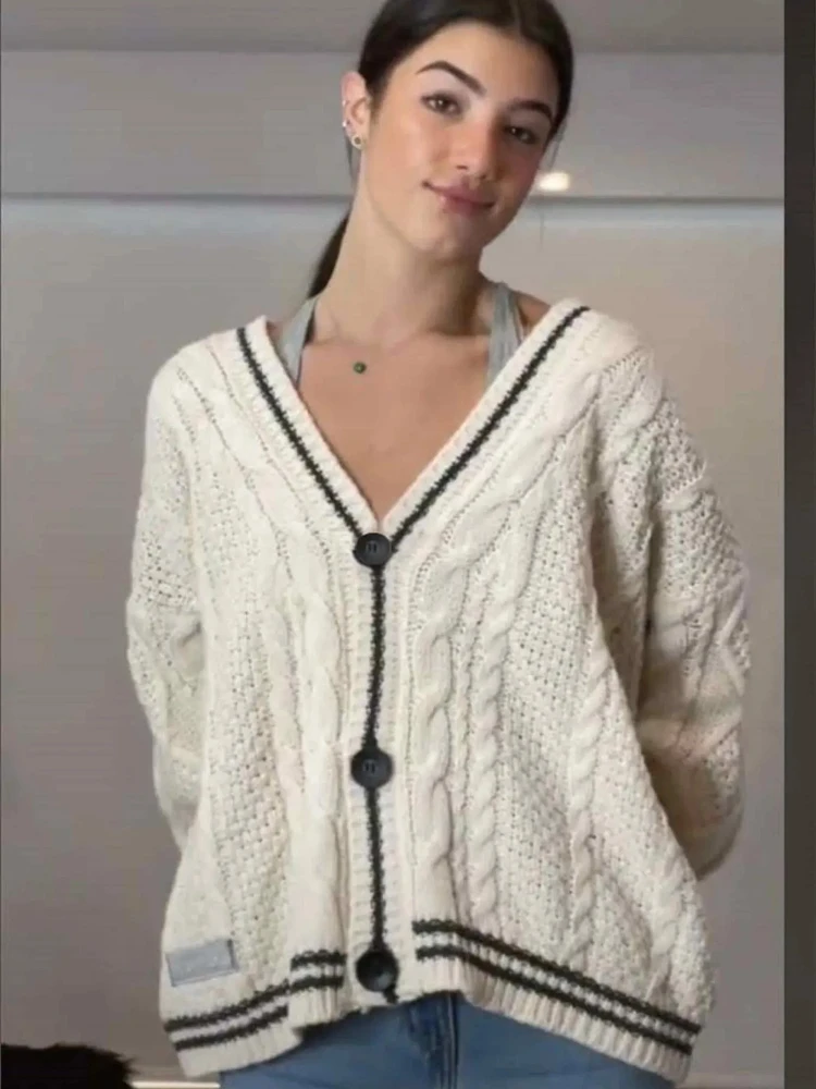 

Fashion Color block Tops Long Sleeve Single Breasted Knitted Cardigans Vintage Embroidery Star Loose Sweaters For Women