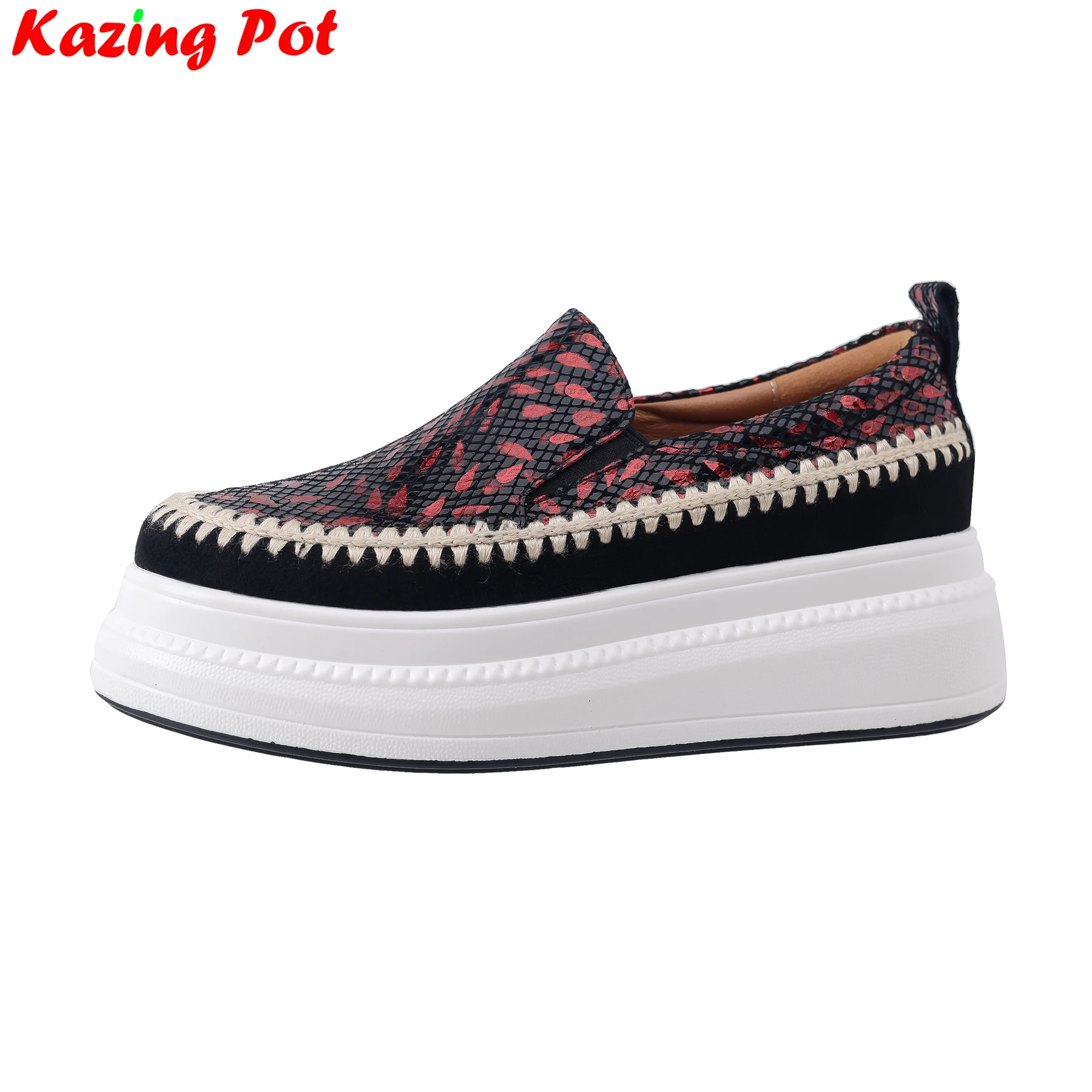 Krazing Pot Sheep Leather Print Autumn Vulcanized Shoes High Heels Casual Loafers Slip On Brand Luxury Platforms Women Sneakers