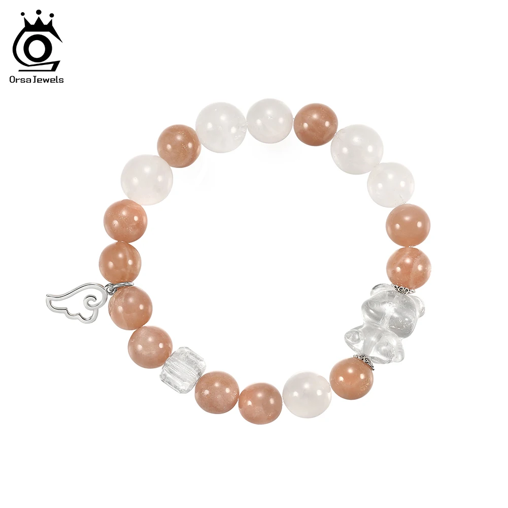 

ORSA JEWELS Quartz & Sunstone Beaded Bracelet S925 Silver Cute Wing Charm Bracelet Elastic Rope for Women Healing Gift GMB94