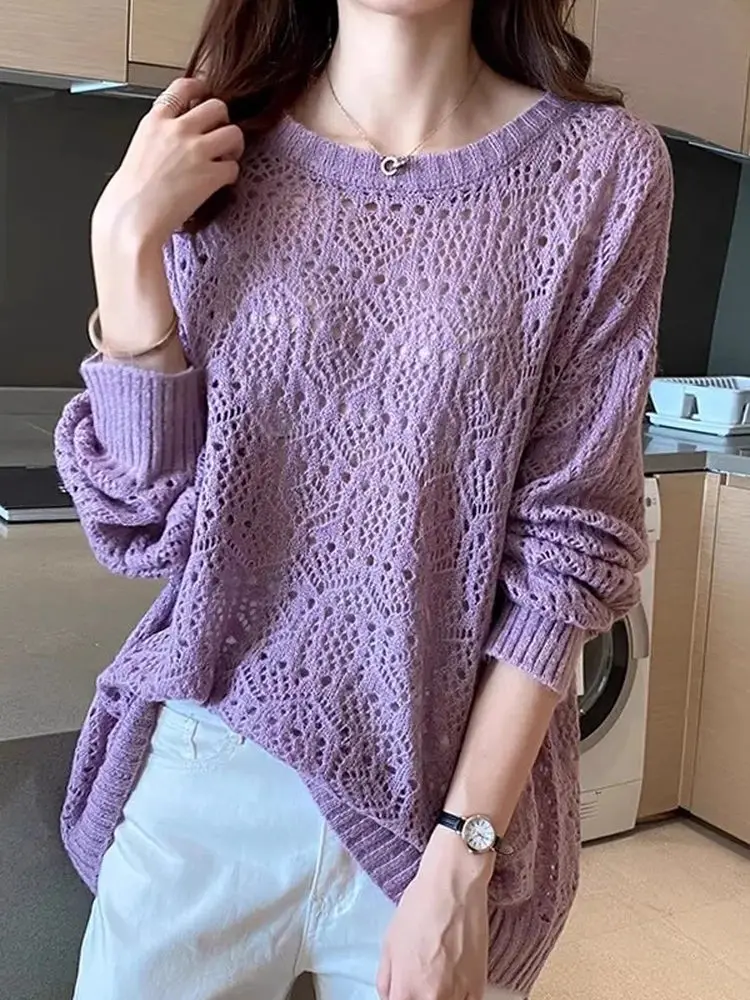 Spring Summer Korean Style Loose Fit Women's Cashmere Sweater Student Fashionable Hollow out Knitted Top Thin Bright Thread