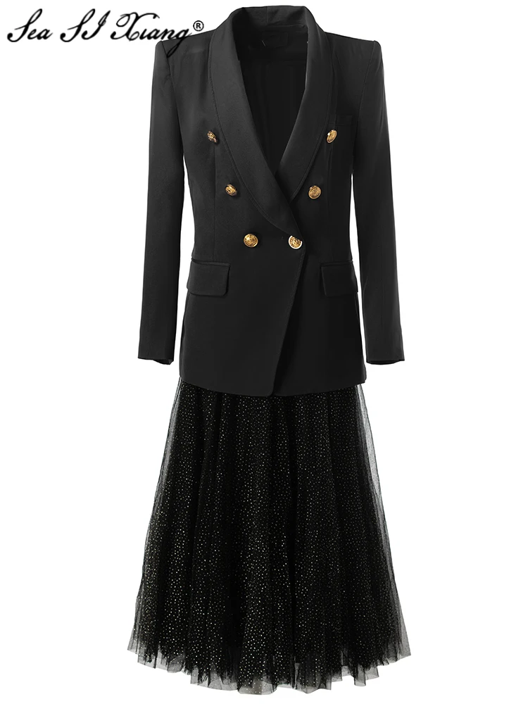 

Seasixiang Fashion Autumn Suit Women's Turn-down Collar Long Sleeves Coat + Elastic Waist Bright silk Mesh Skirt 2 Piece Set