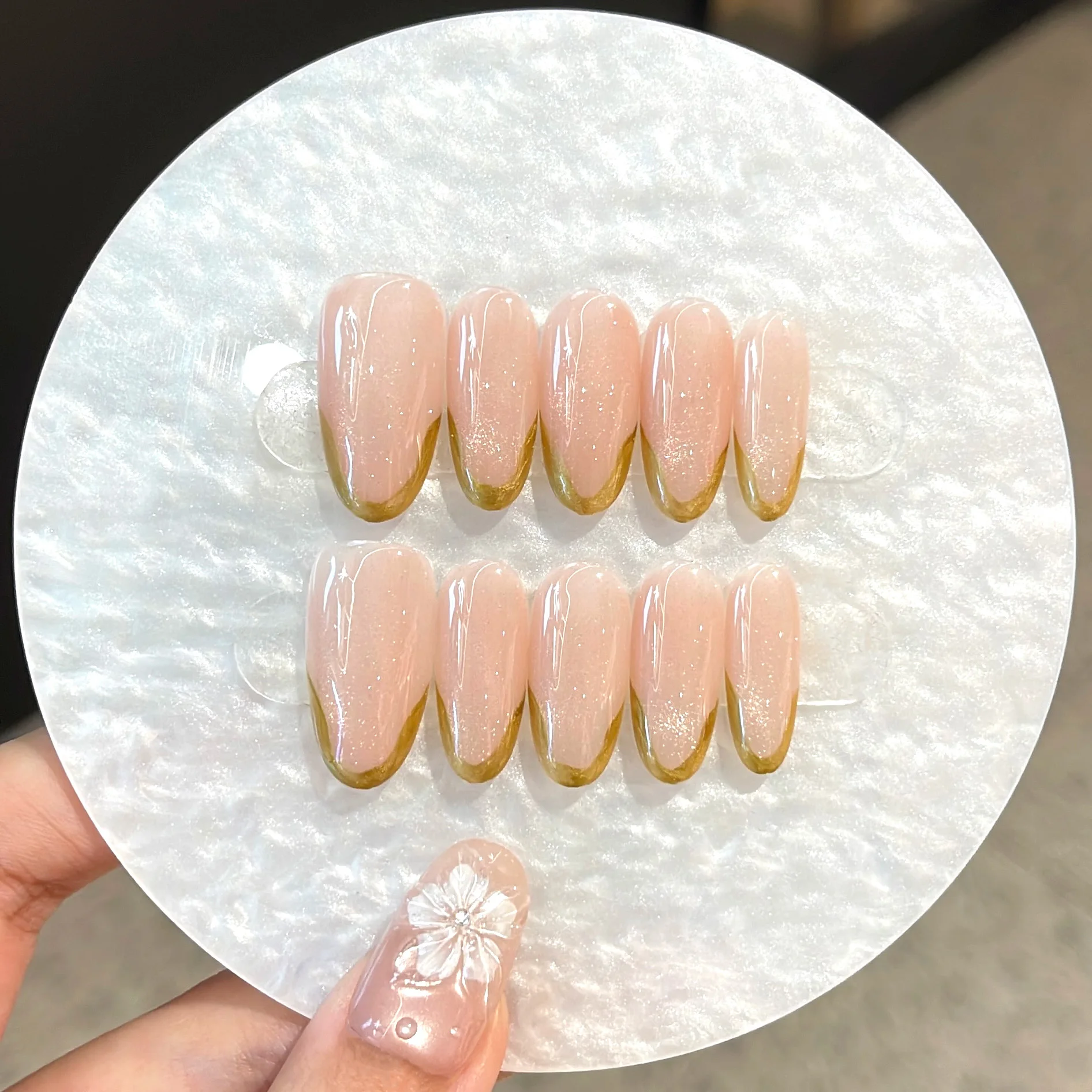 10PCS Original Handcrafted Nude Pink Shimmer Gold French Press On Nails, Fake Nails For Women Nail Art