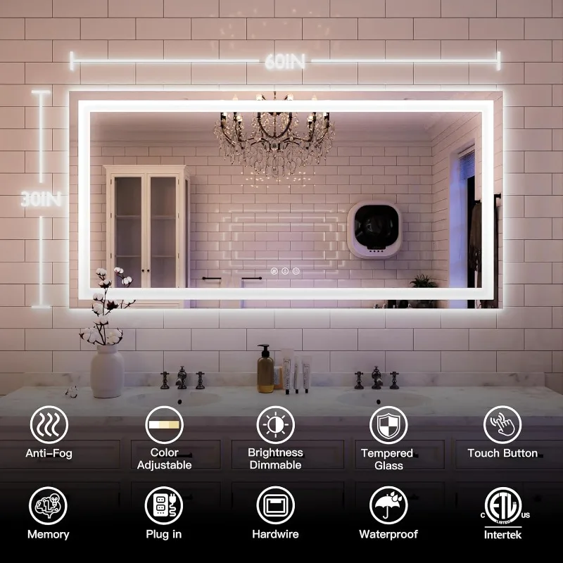 55''x36'' LED Bathroom Mirror with Front and Backlit Lighted Bathroom Vanity Mirror for Wall Large Dimmable Wall Mirrors