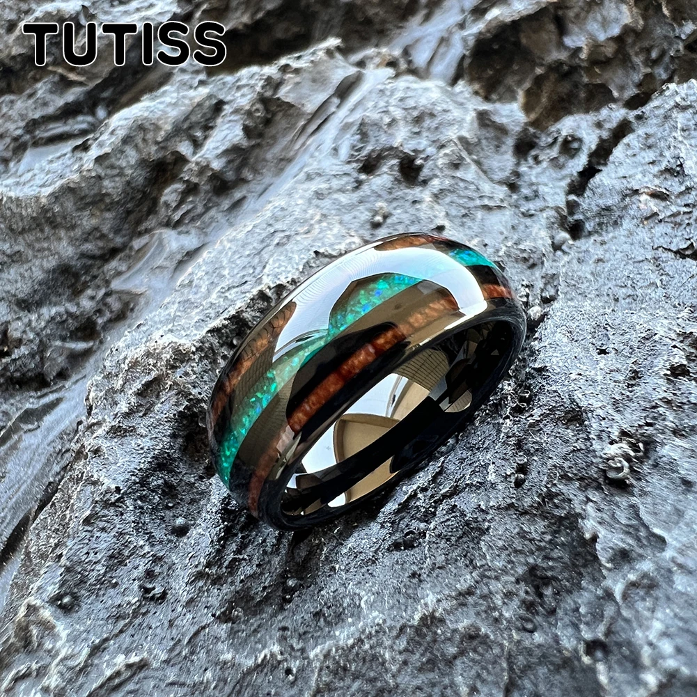 TUTISS 8mm Black Tungsten Ring for Men Women Engagement Wedding Band Fashion Jewelry Green Opal Koa Wood Inlay Comfortable Fit