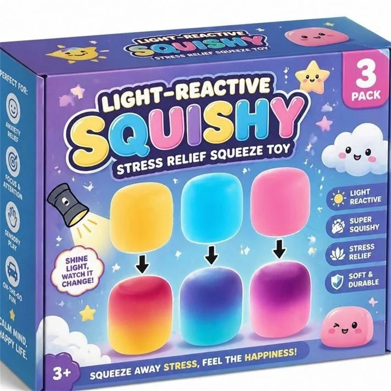 3Pack Light Reactive Color Changing Cylindrical Squishy Toy Stress Relief Super Soft Squeeze Fidget Toy For Kids Adults Gift