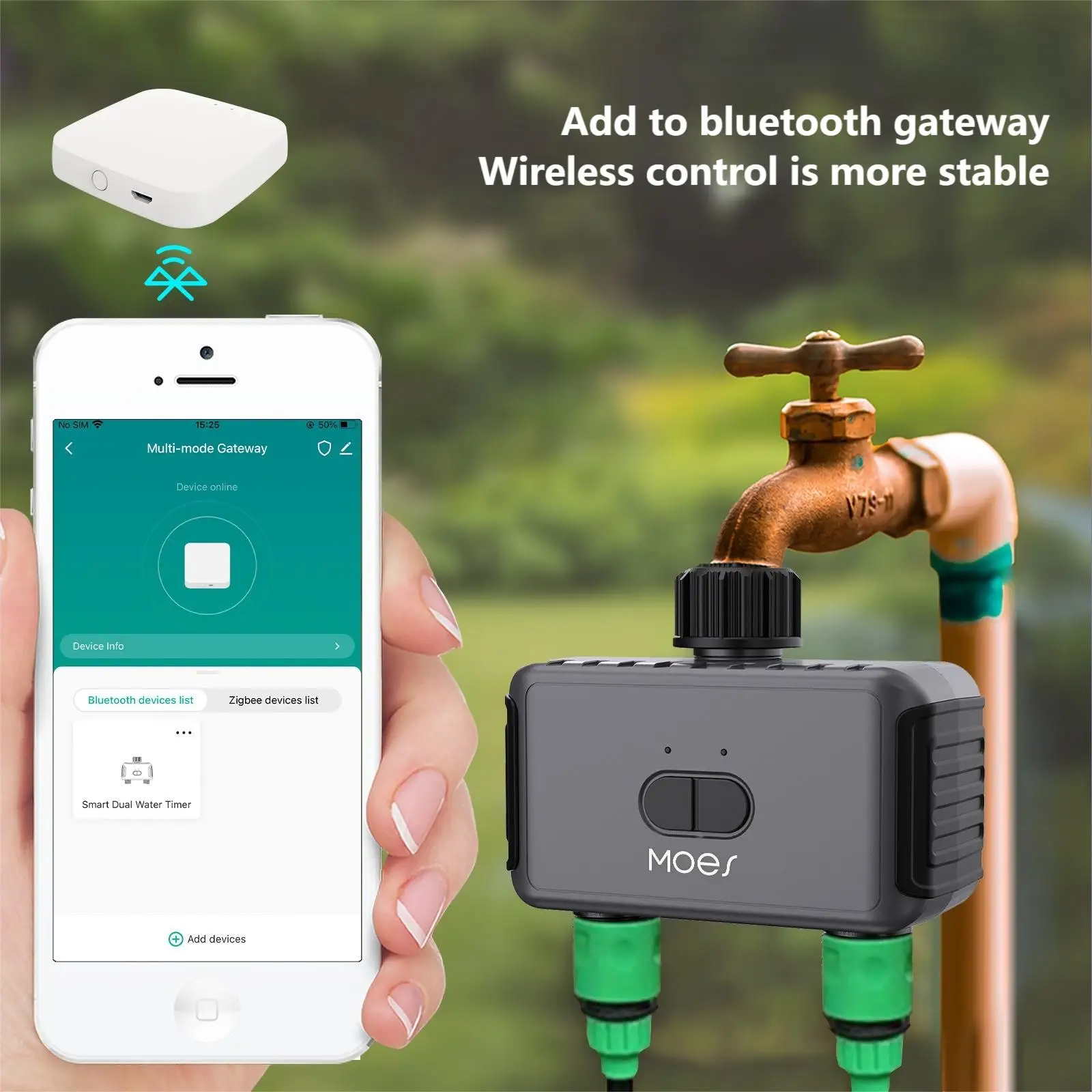 Bluetooth Smart Home Garten 2-Wege-Bewässerungswasserventil App Fernbedienung Sprinkler Doppelauslass Bewässerungsventil Timer
