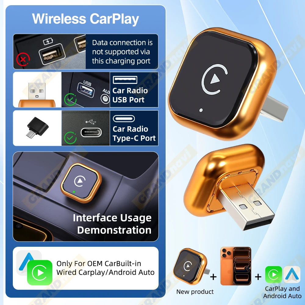 Orange 2IN1 Wireless Carplay Android Auto Adapter Smart Dongle für Volvo Benz Mg Kia Chery VW Honda Benz MG Haval Fiat – Detail 9