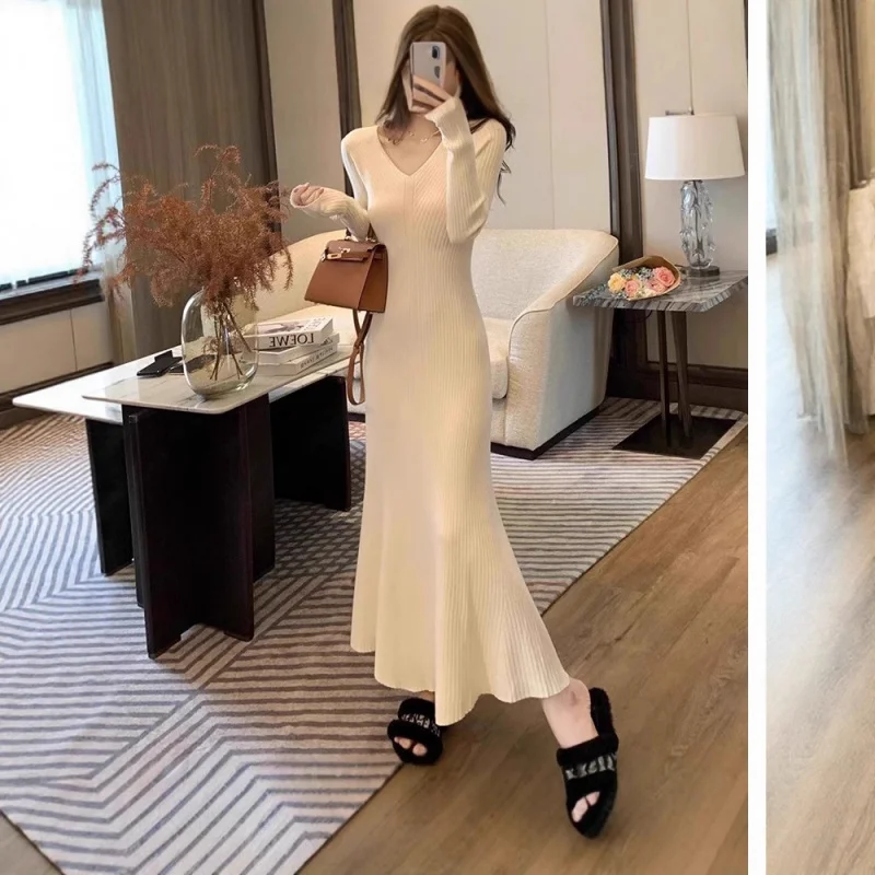 Vestido de malha feminino, outono e inverno, novo estilo suave, suéter de camada de base elegante, vestido bodycon