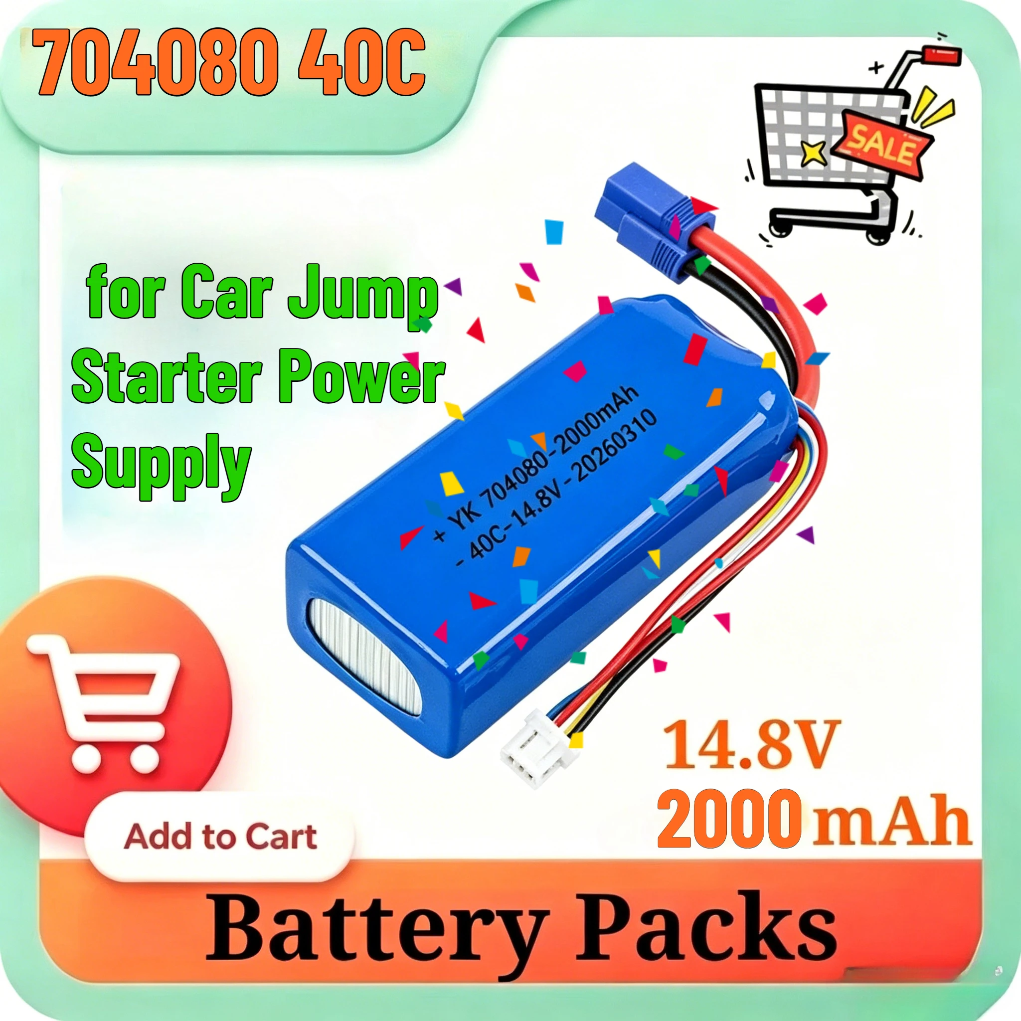 704080 2000mAh 40C High Rate Discharge LiPo Battery 3.7V Polymer Lithium Cell for Car Jump Starter Power Supply