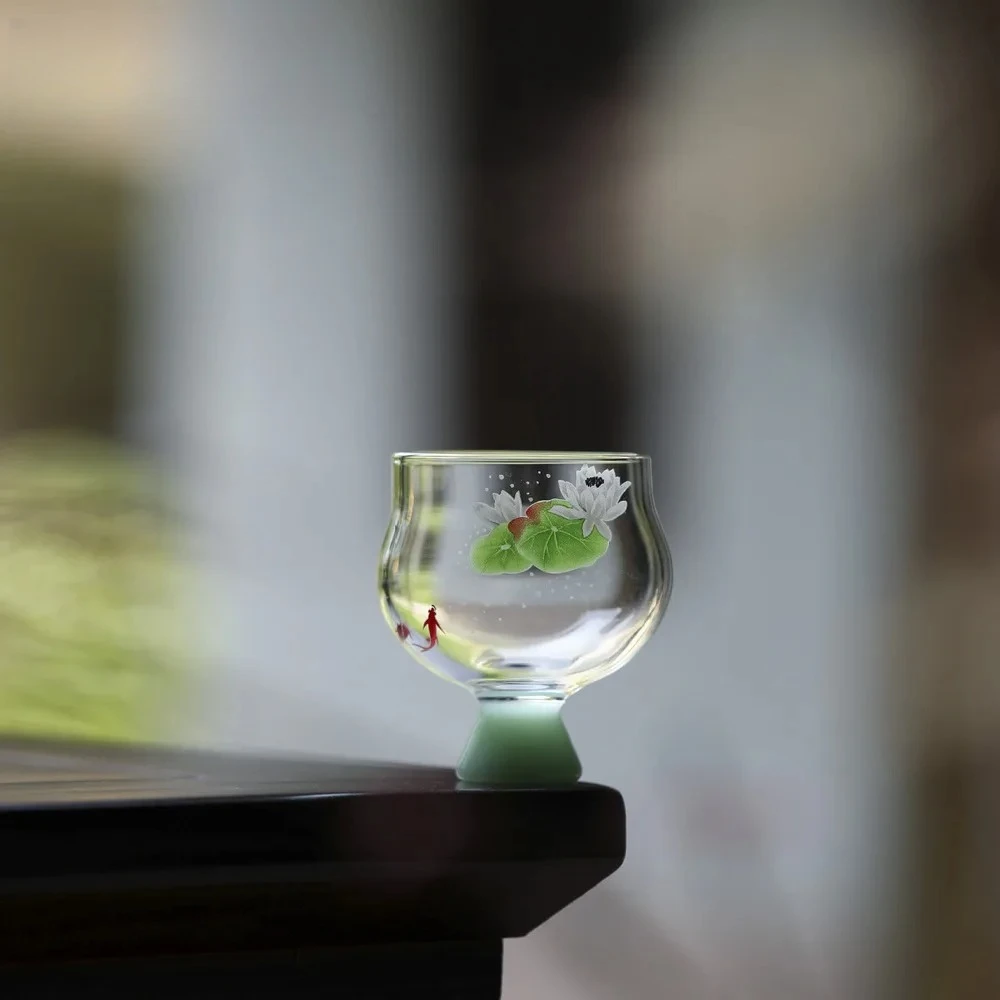 Creative Fish Playing Lotus High Foot Tea Cup Handmade Heat Resistant Glass Master Cup Meditation Cup Goblet Mug 60ml