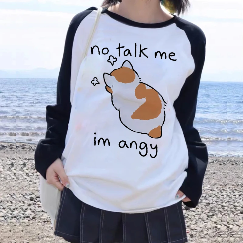 Cute Cat Shirt Women Funny Cartoon T Shirt Y2k 90s Harajuku Graphic Ulzzang T-shirt Long Sleeve Tshirt Aesthetic Top Tee Female