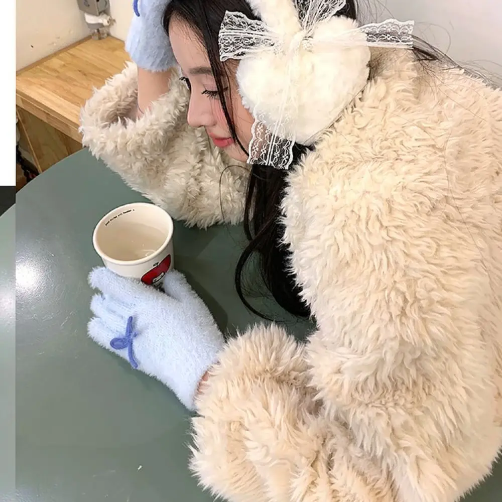 Fluffy Ear Warmers Winter Lace Bowknot Earmuffs Soft Plush Ear Covers For Women Student Daily Stylish Cold Protection