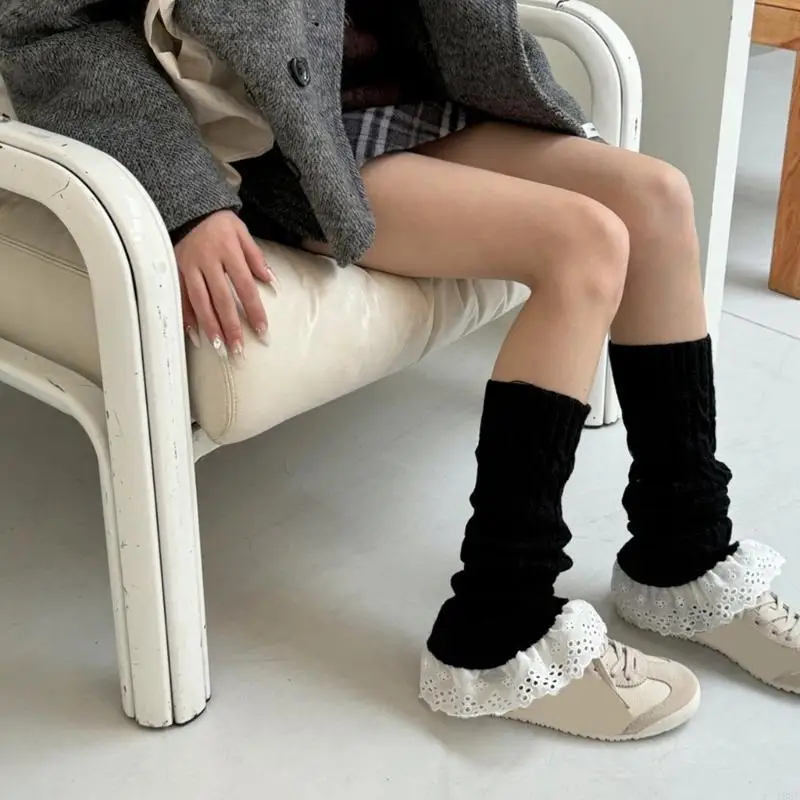 

195E Women JK Girl Twist Cable Knit Leg Warmer Ruffled Lace Hem Boot Cuffs Socks