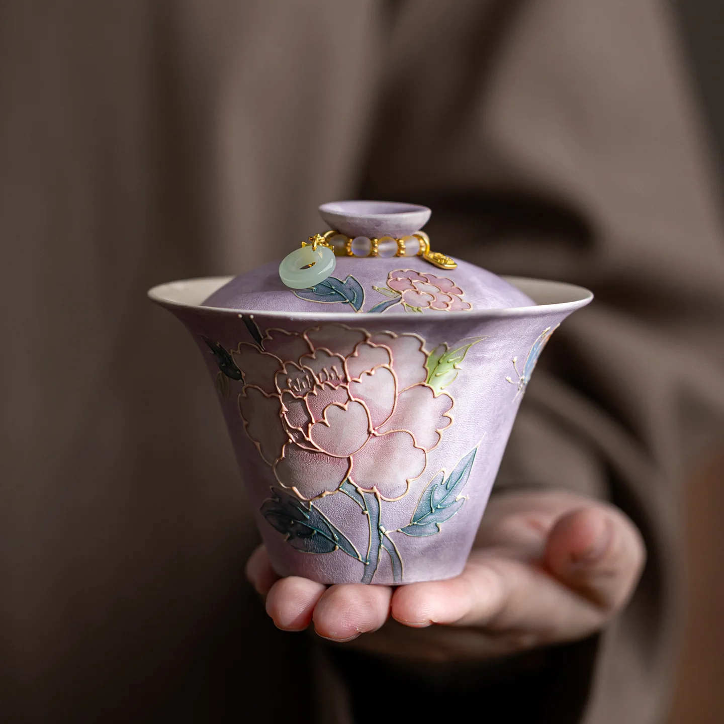 New Hand-painted Peony Cover Bowl, Household Ceramic Tea Bowl, Tea Set, Single Teacup Is Not Hot