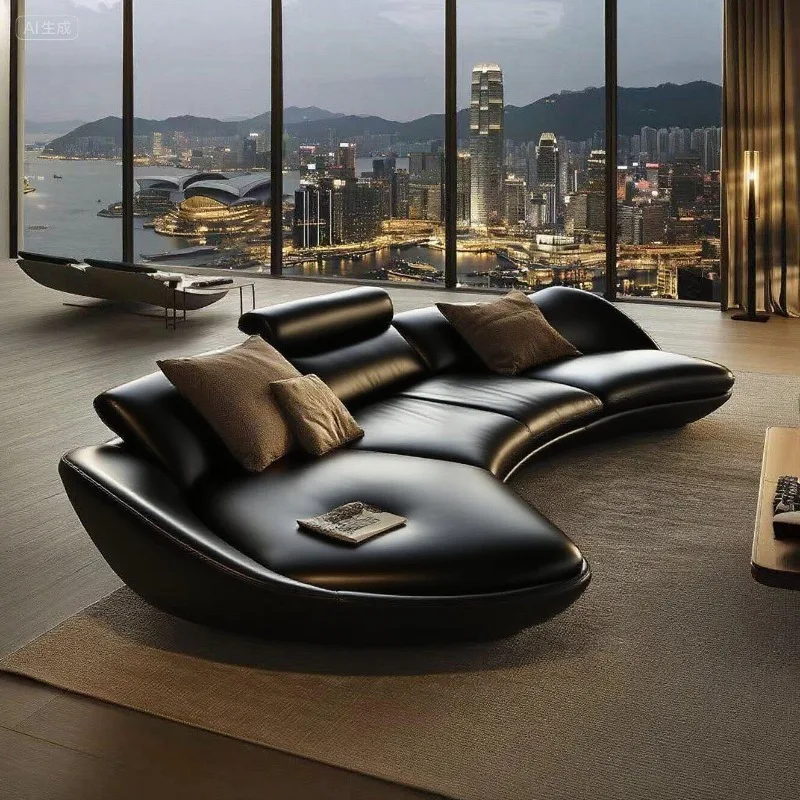 Black atmospheric leather sofa living room sofa combination multi-person sofa large flat layer