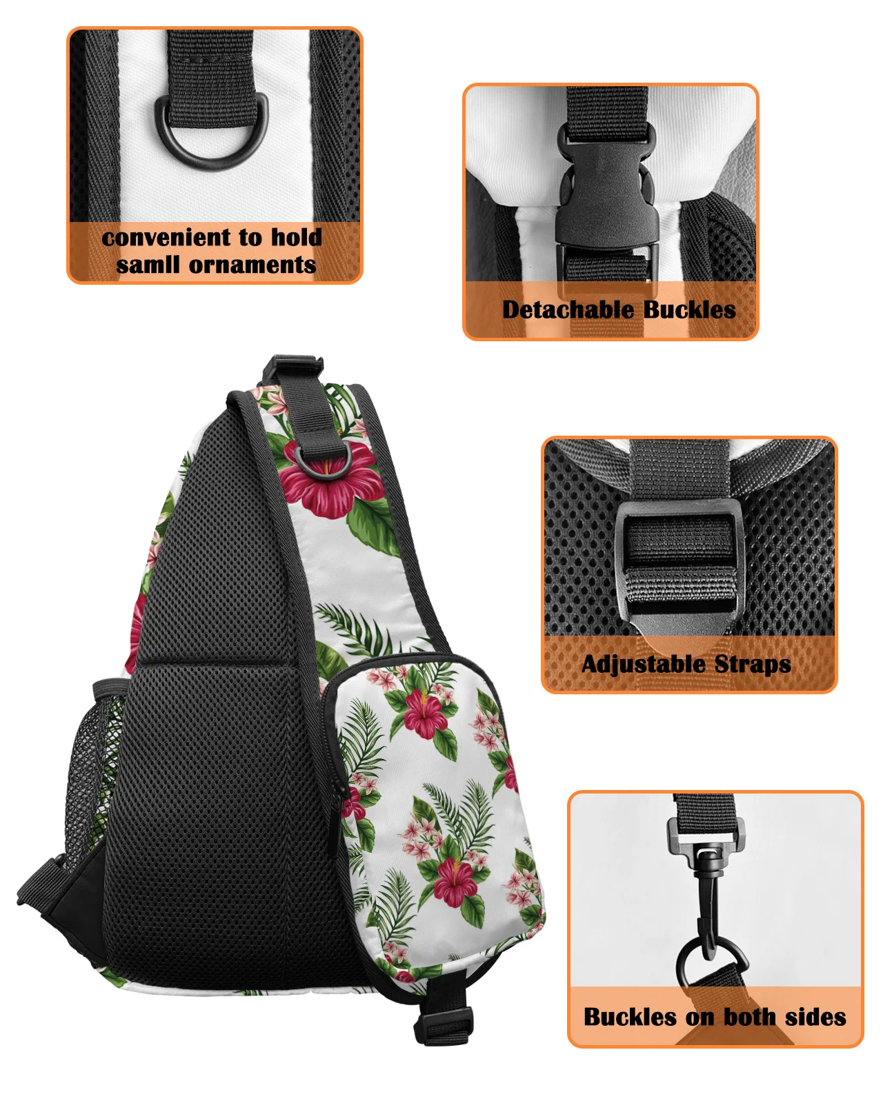 Bolsa de ombro impermeável para homens e mulheres, folhas de plantas tropicais flor de hibisco, bolsa de peito branco, esportes casuais, viagem, bolsa mensageiro