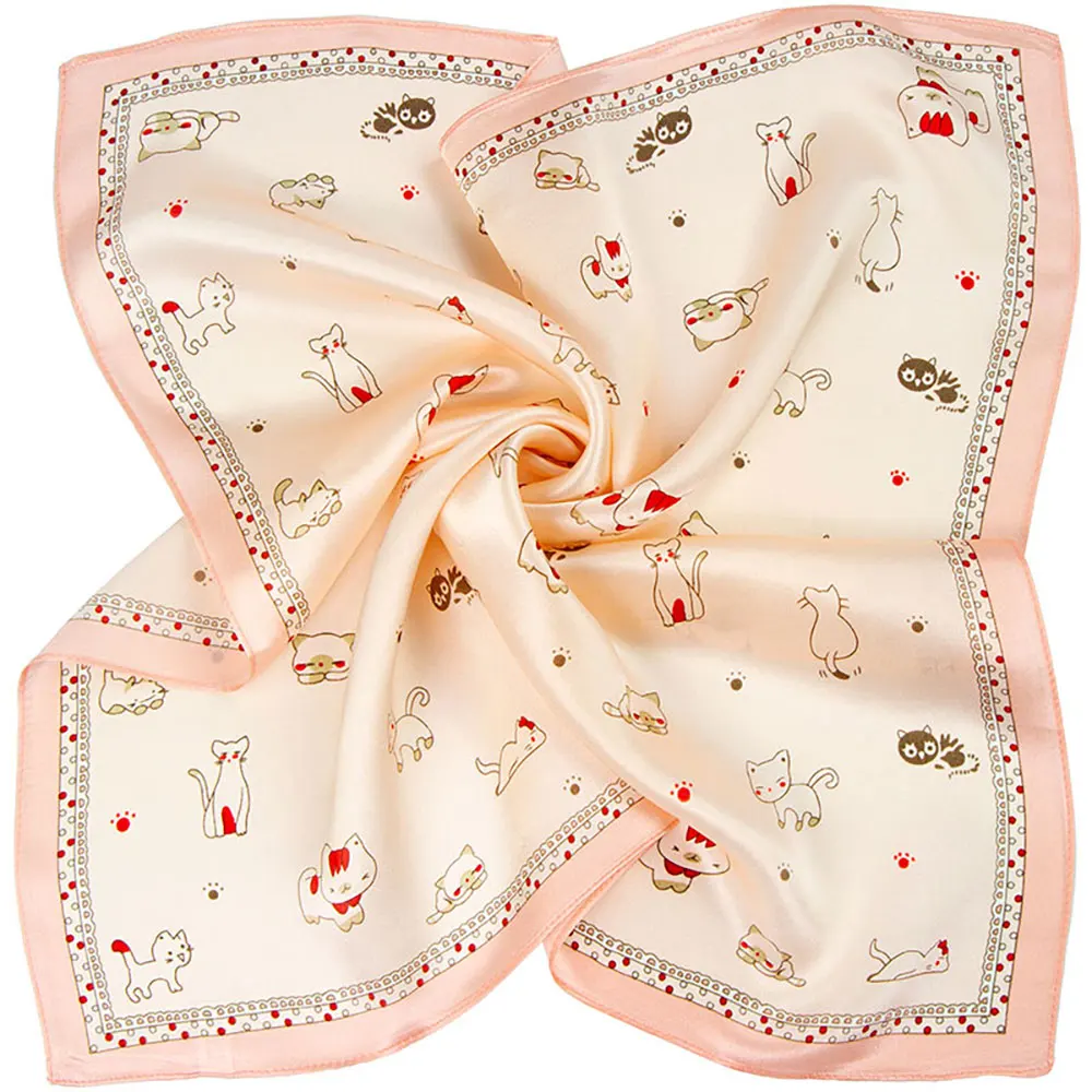 100% Pure Silk Scarf Women Bandana Female Hair Scarf Top Wholesale Cat Handkerchief Natural Square Neckerchief Headband for Lady