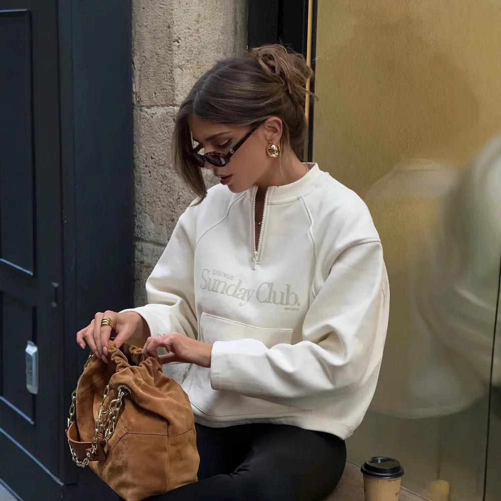 بلوزات عادية كم طويل للنساء موضة رسالة سستة فضفاضة البلوز الخريف الشتاء أنيقة الصلبة الدافئة هوديس 2025 #1