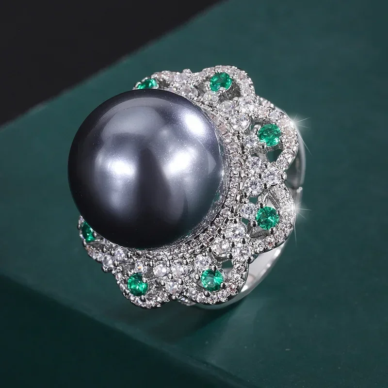 

SRJewelry Copper Plated Gold Inlaid Aubergine Pearl Vintage Fashion Diamond Ring 16mm