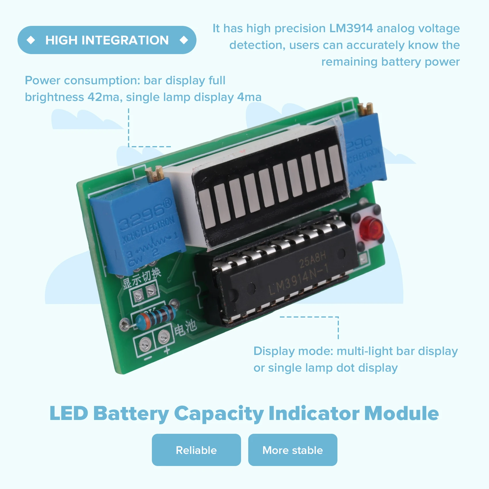 A31T LM3914 Battery Capacity Indicator Module, 10 Segment LED Power Level Tester for 3.7V 12V Lithium Lead-Acid Battery