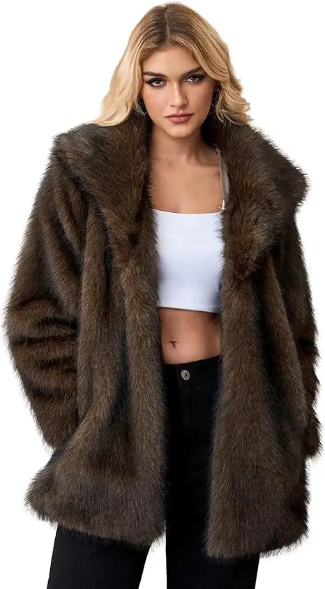 معاطف نسائية من الفرو الصناعي سترات متوسطة الطول بياقة مقلوبة معطف سميك غير رسمي Y2k ملابس الشارع الشهير أنيق للعمل في الخريف والشتاء #5