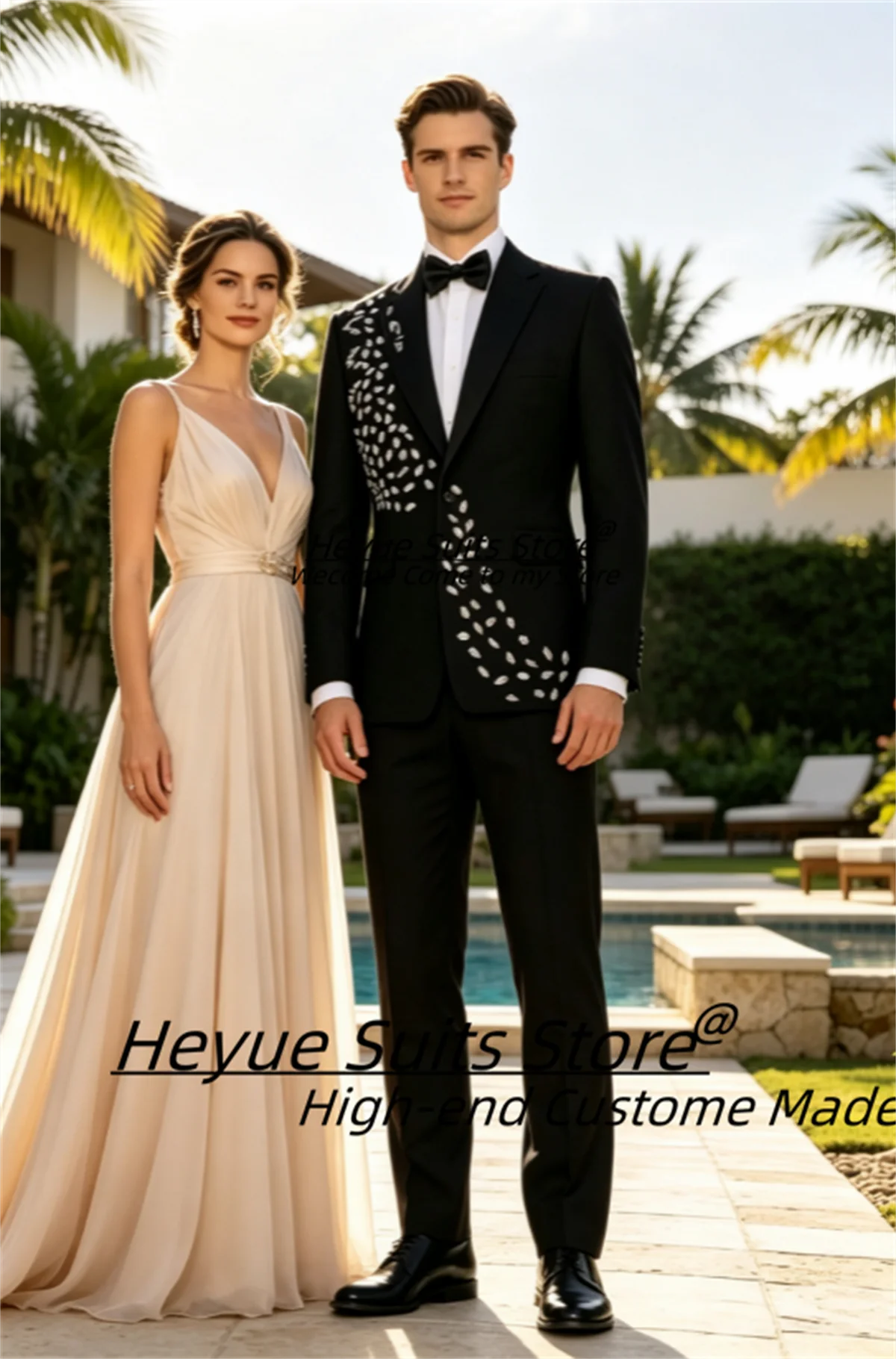 Customized Black Silver Rhinestone Leaf Embellished Men Suits Customized Slim Fit Peak Laple Groom Wedding Tuxedos 2 Pieces Sets