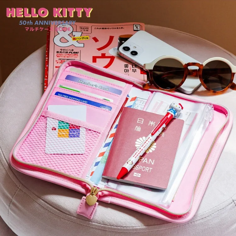 Nuevo Hello Kitty 50 aniversario viaje portátil multicapa pasaporte bolsa moneda tarjetero documento billete cubierta protectora regalo