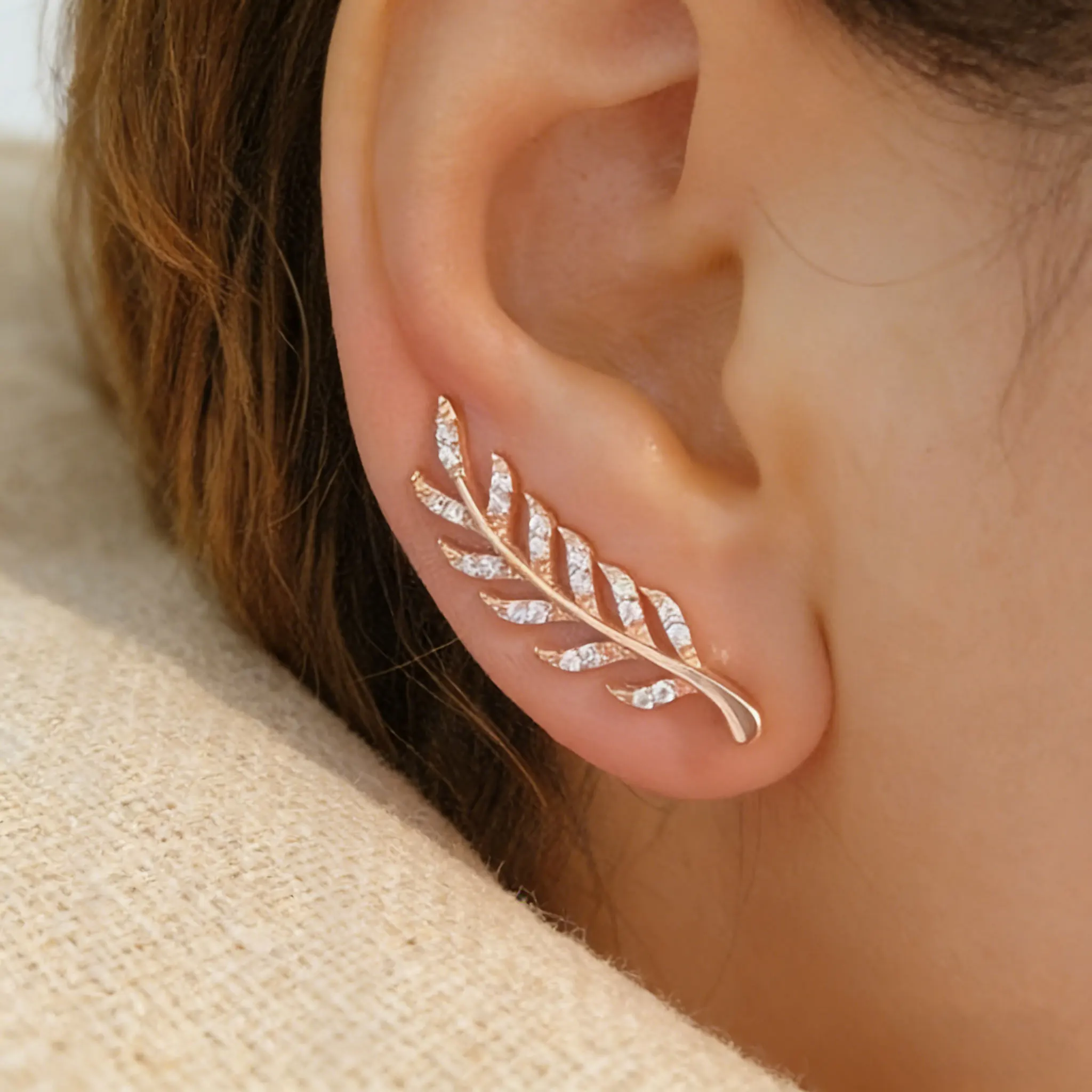 

Cute Symmetrical Hollow Leaf Earrings Golden Silvery Elegant Crawler Jewelry for Women