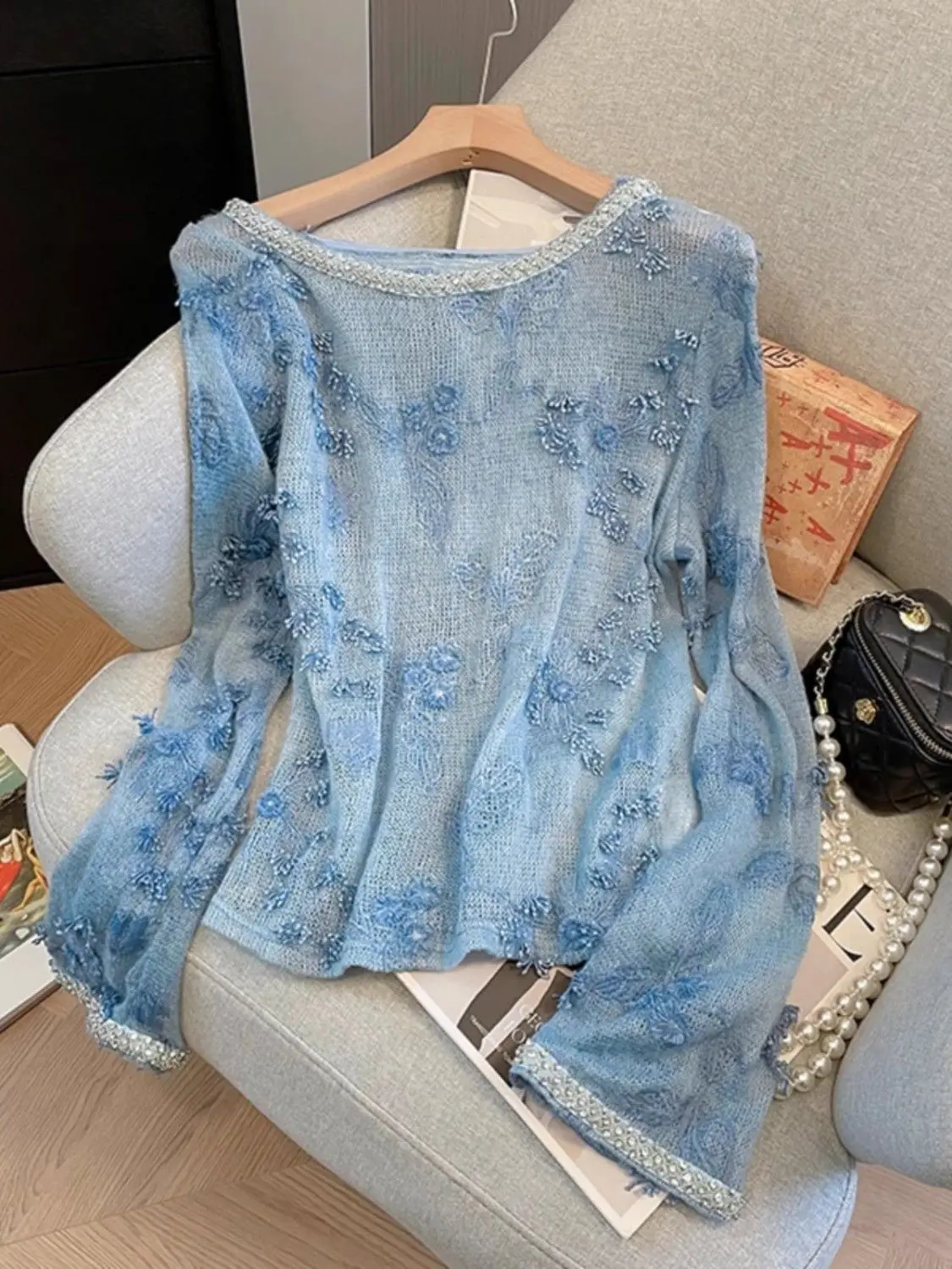 

Футболка для женщин, летняя высококачественная дизайнерская футболка в корейском стиле с вышивкой и бриллиантами, свободный модный вязаный топ с длинными рукавами