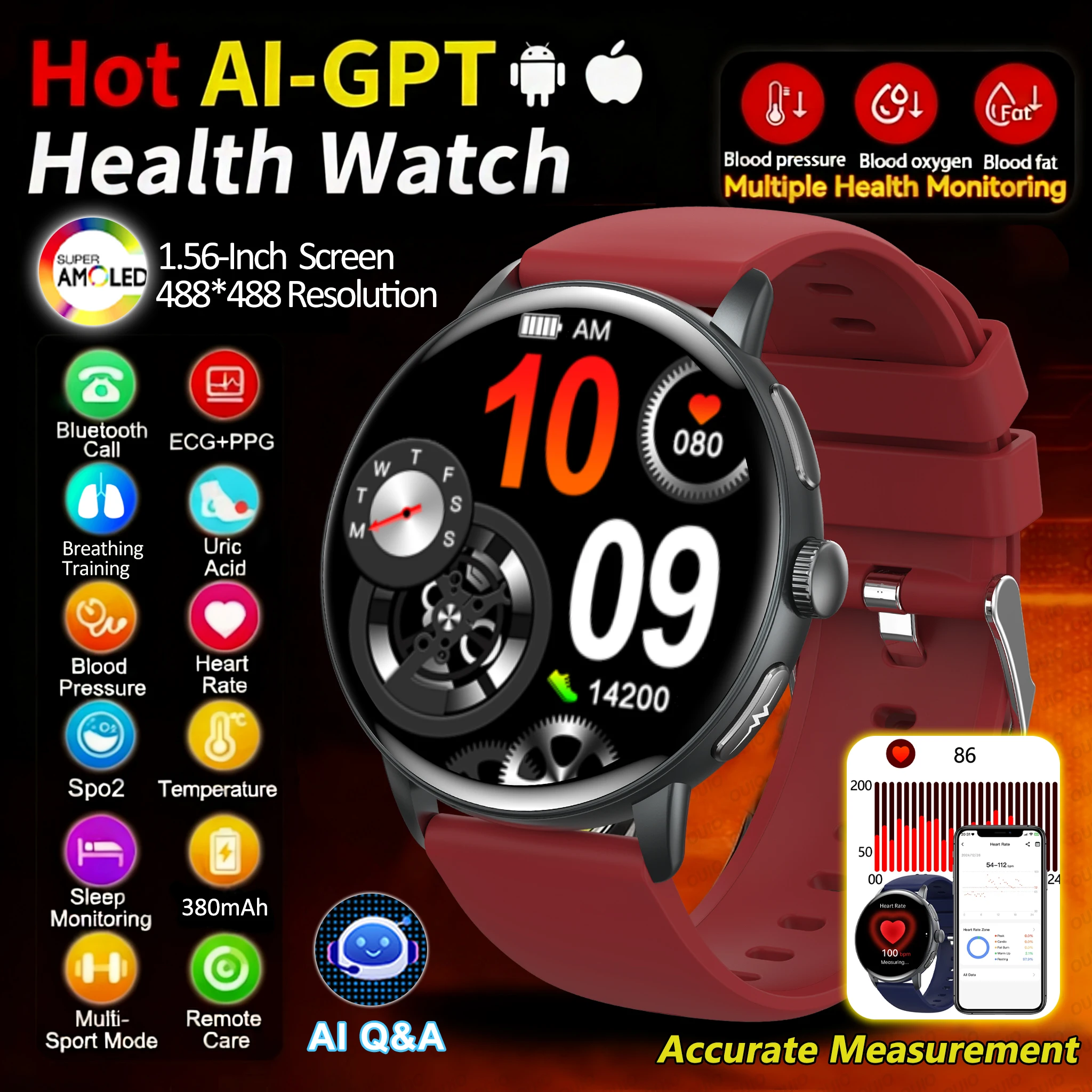 

2025 New Nursing Health ECG Smart Watch Blood Pressure Heart Rate Sleep Monitor AI Q&A BT Call Sport Mode Remote Care Smartwatch