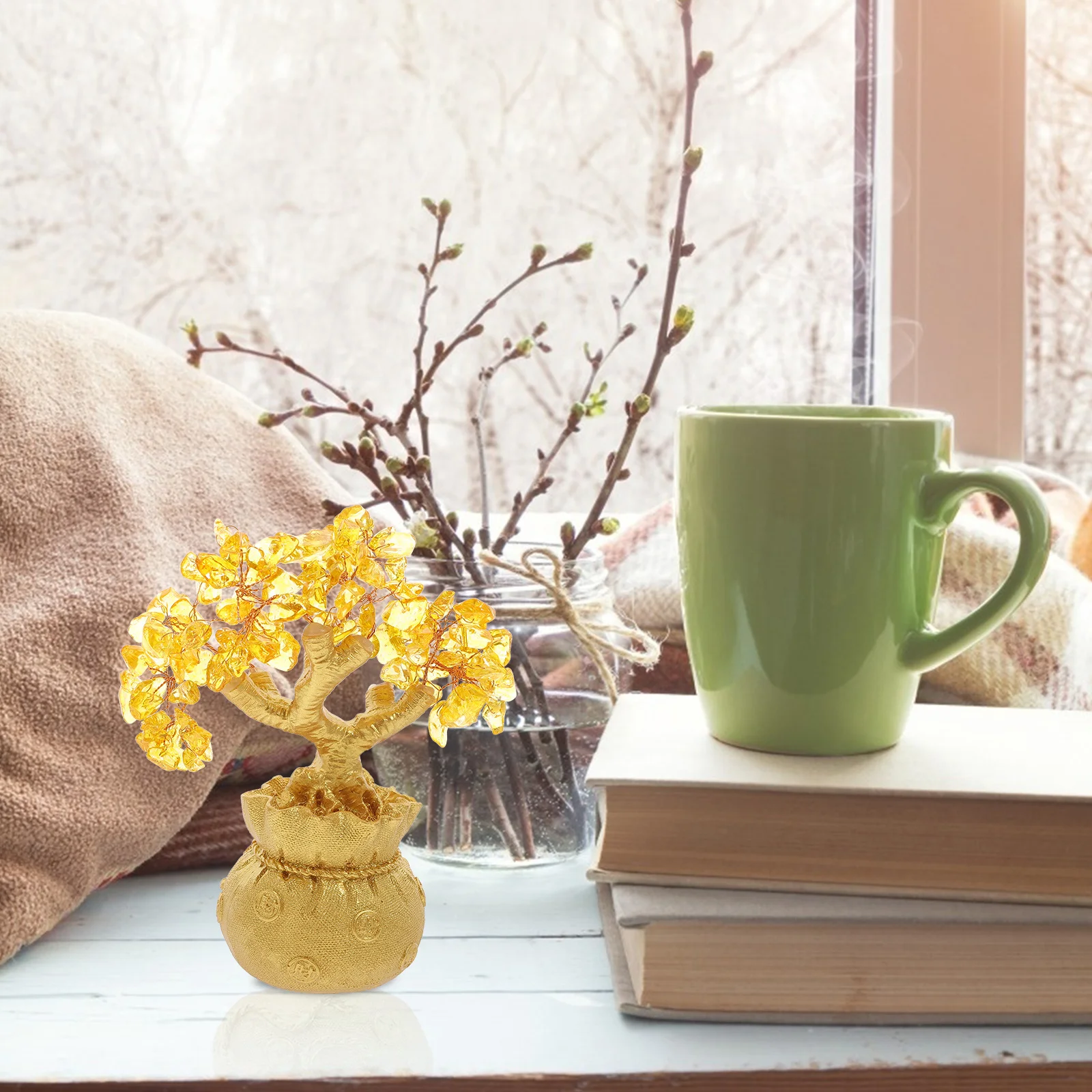 

19Cm Natural Crystal Money Tree in Money Bag Bonsai Style Wealth Luck Feng Shui Ornament for Home Office Decor Tree Decoration