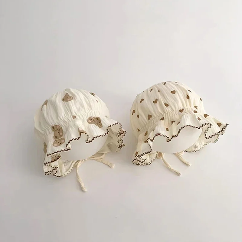 

Ruffle Brim Newborn Sunshade Cap Summer Thin Cotton Print Palace Hat 1-3Year Kids Headwear Bonnet Princess Baby Lace-up Beanies