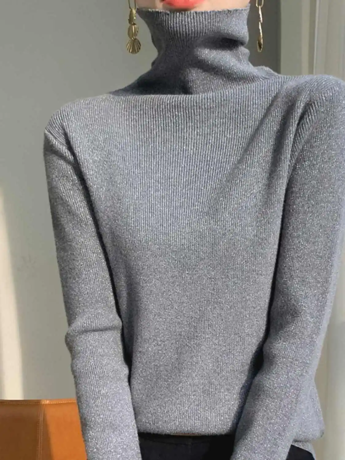 Gold and Silver Silk Base Shirt Women\'s Inner Top Popular High Neck Sweater Pile Neck Knit Sweater