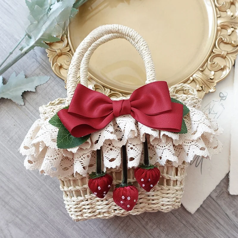 French Romantic Pastoral Lolita Girls Sweet Bag Spring Grass Woven Lace Ruffle Red Bow Strawberry Kawaii Exquisite Handbag