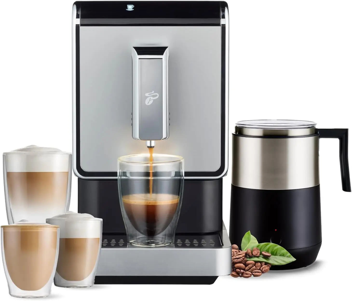 Espresso & Coffee Machine with Induction Milk for Rich, Creamy Froth, Built-in Grinder, No Coffee Pods Needed, Silver